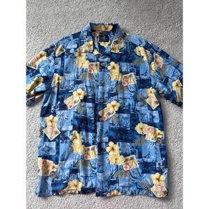 CARIBBEAN JOE Men's Large Shirt Washable Silk Blue Hawaiian Hibiscus Tropical